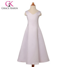 Grace Karin V-Neck White Satin Long Flower Girls Dresses With Gig Bowknot CL4835